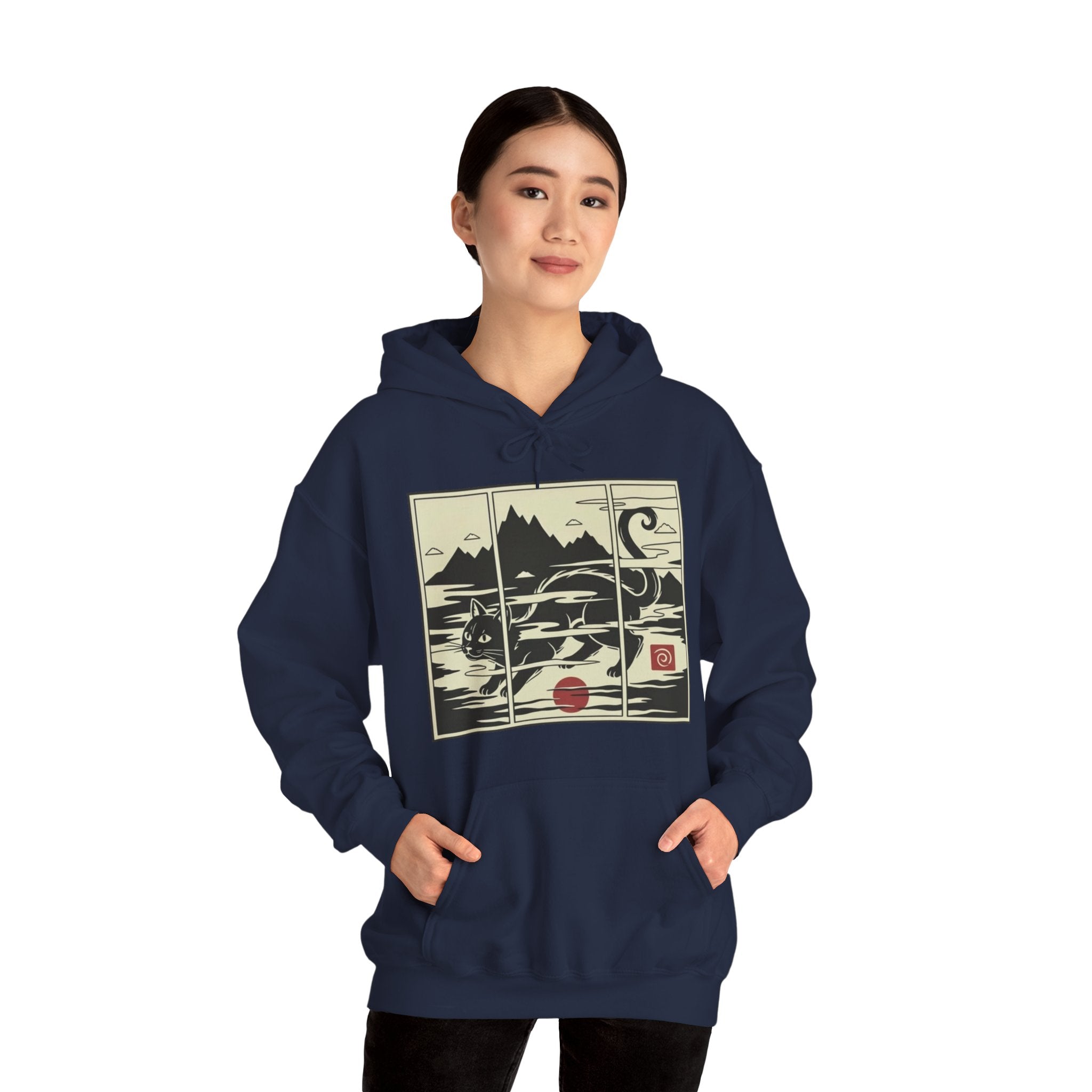Ukiyo-e -Inspired Hoodie — Cat Mist, Mountains & Red Sun