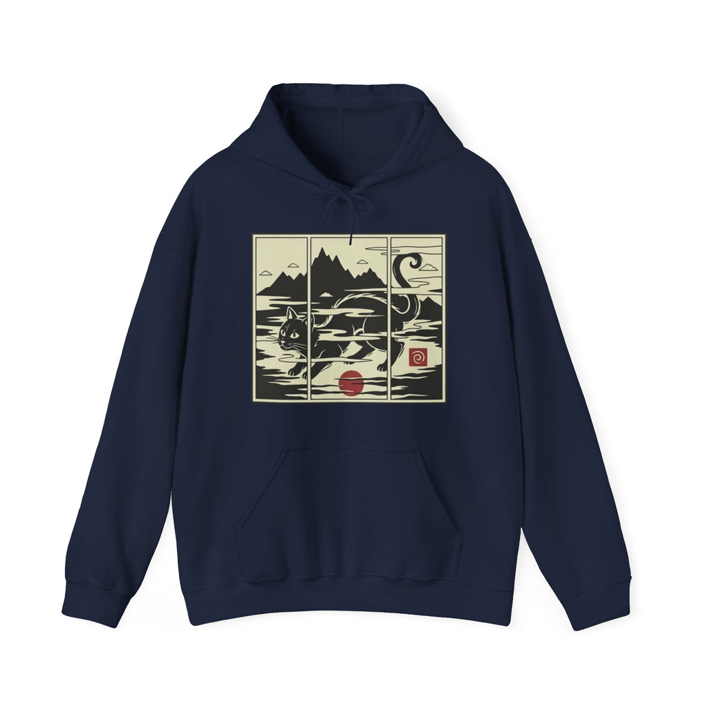 Ukiyo-e -Inspired Hoodie — Cat Mist, Mountains & Red Sun