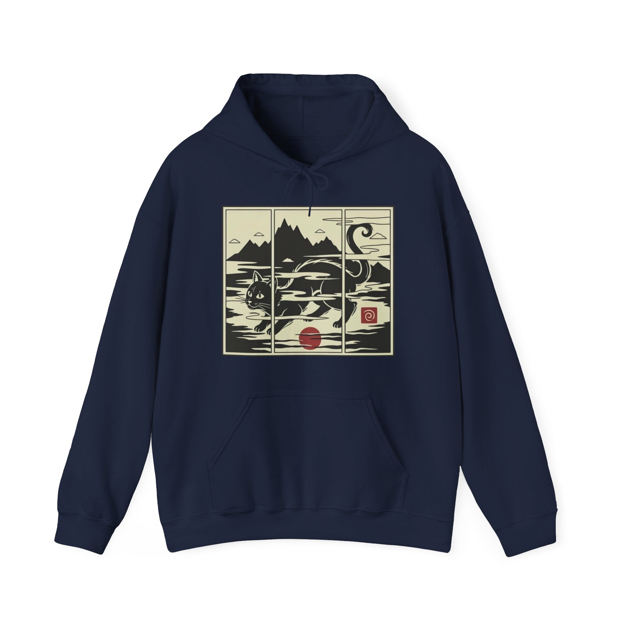 Ukiyo-e -Inspired Hoodie — Cat Mist, Mountains & Red Sun