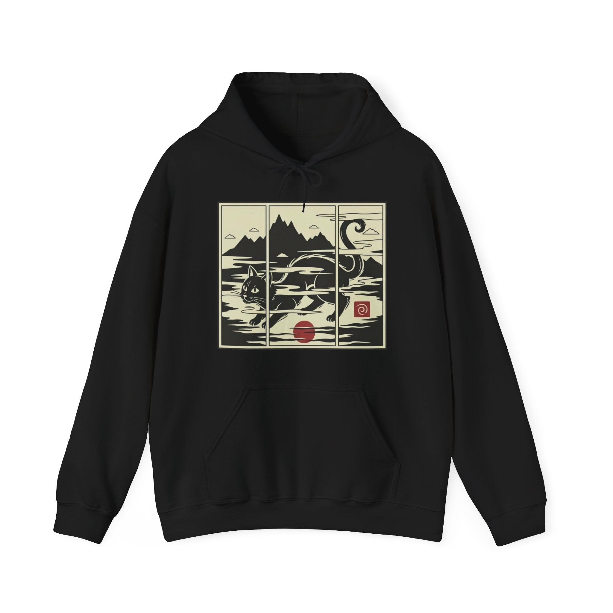 Ukiyo-e -Inspired Hoodie — Cat Mist, Mountains & Red Sun