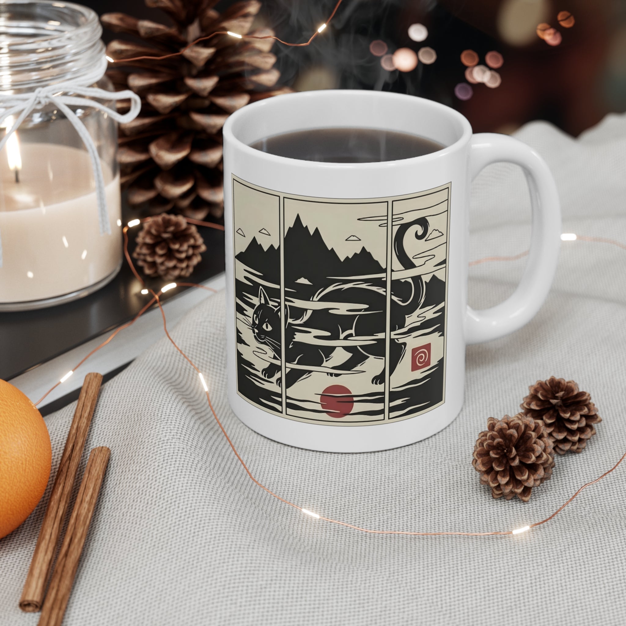 11oz Ceramic Mug — Ukiyo-e Inspired Black Cat Art