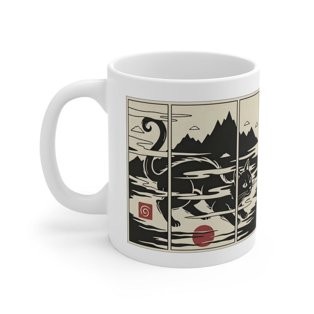 11oz Ceramic Mug — Ukiyo-e Inspired Black Cat Art
