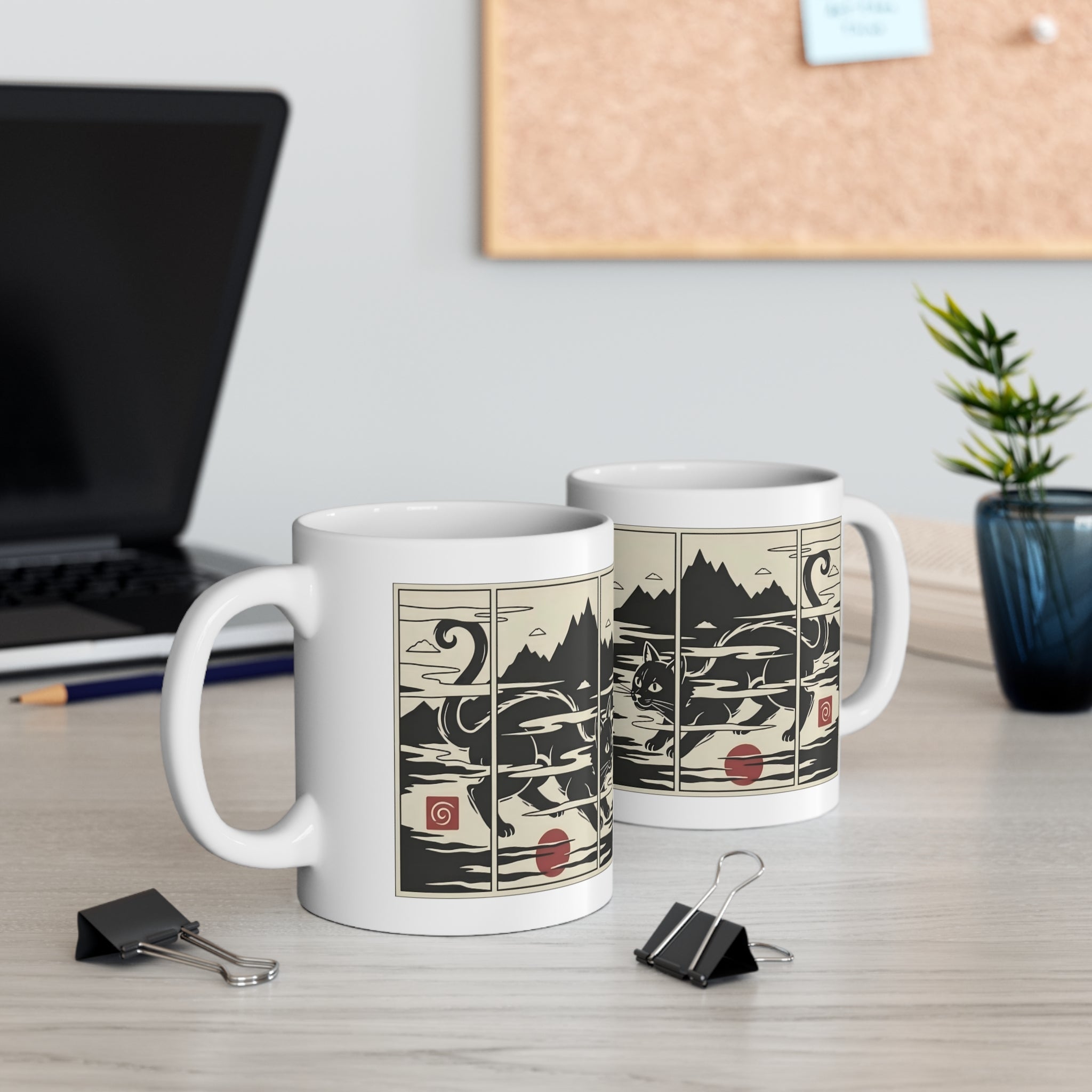 11oz Ceramic Mug — Ukiyo-e Inspired Black Cat Art