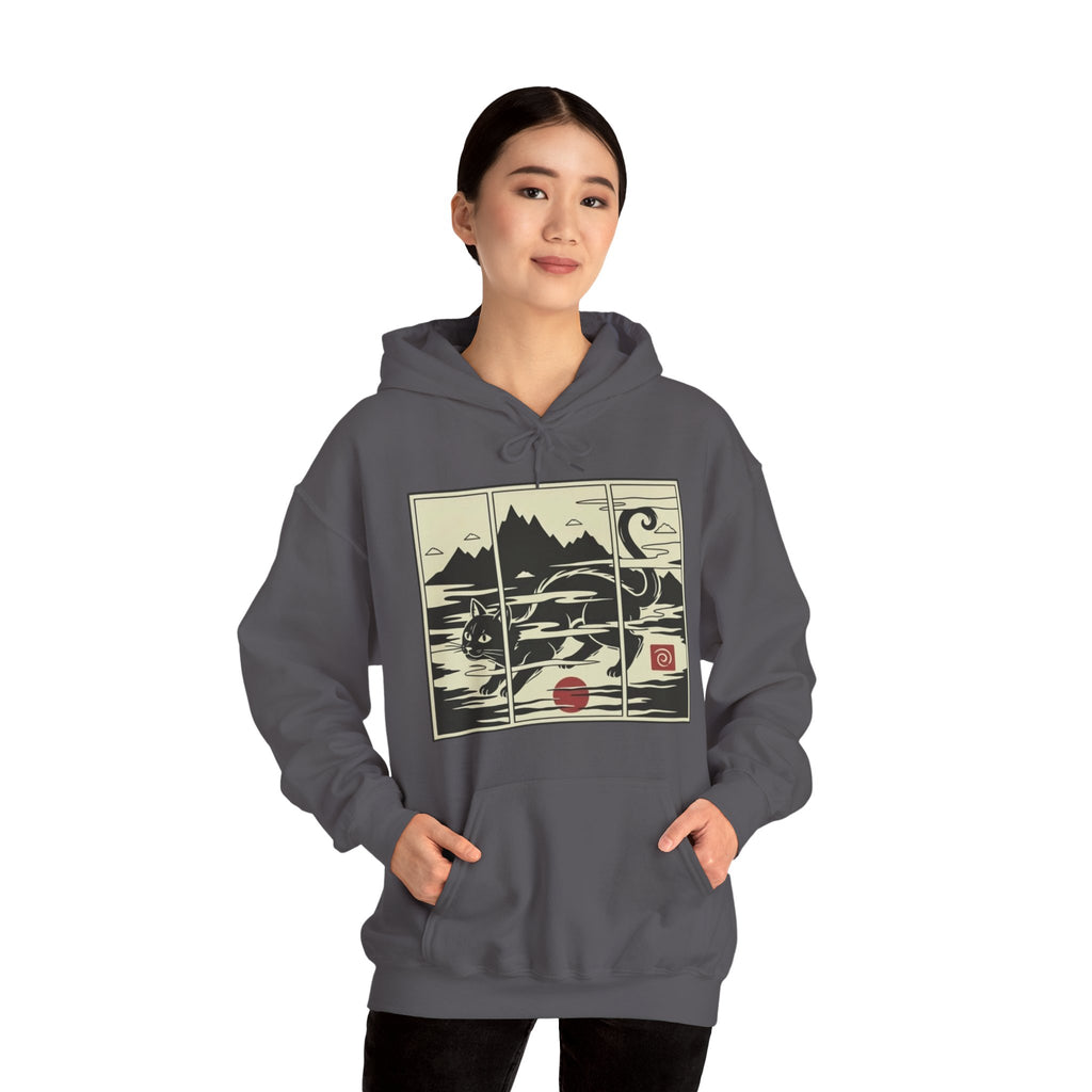 Ukiyo-e -Inspired Hoodie — Cat Mist, Mountains & Red Sun