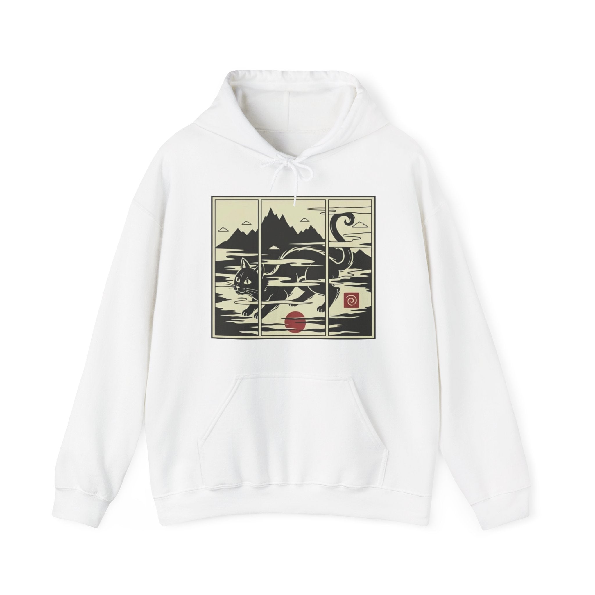 Ukiyo-e -Inspired Hoodie — Cat Mist, Mountains & Red Sun