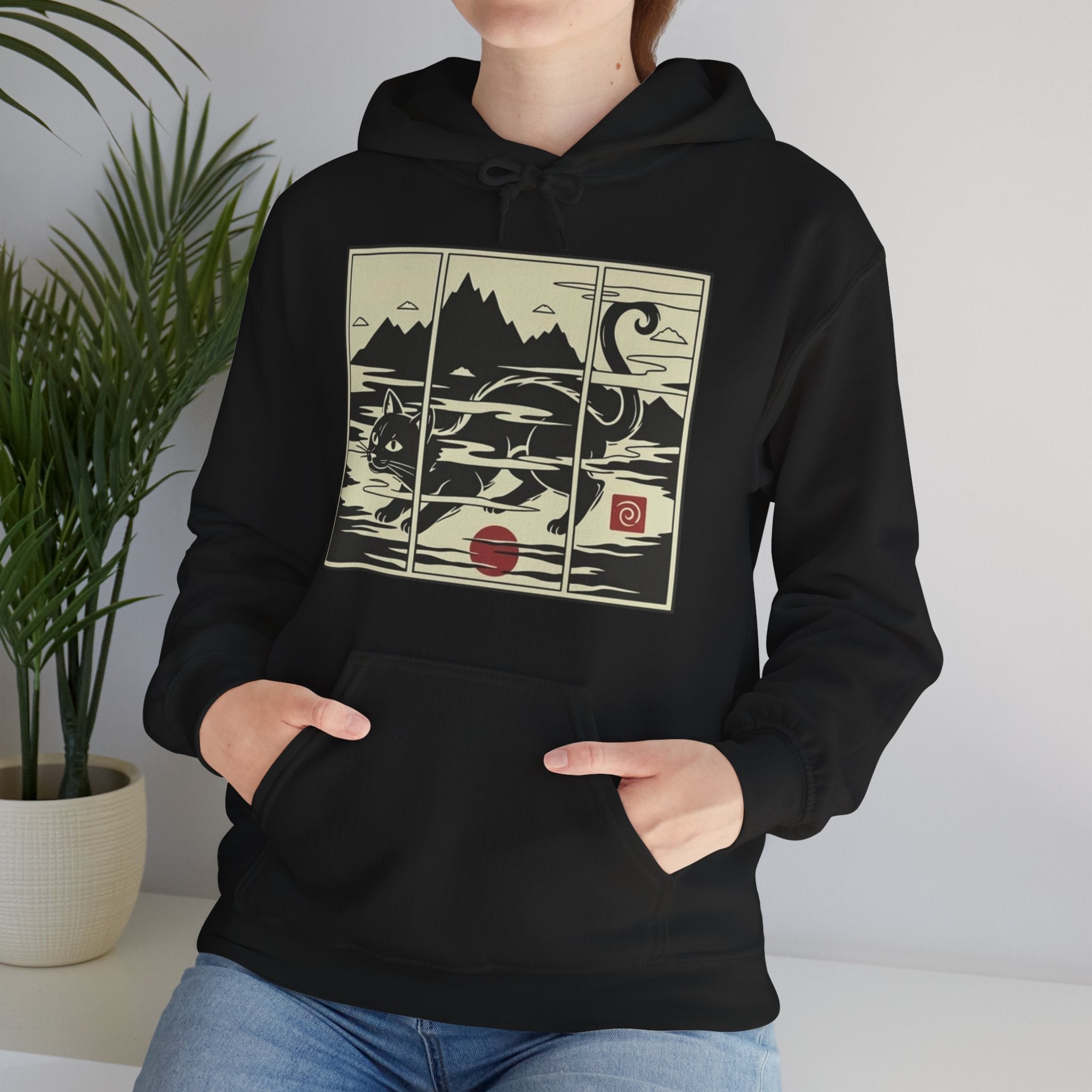 Ukiyo-e -Inspired Hoodie — Cat Mist, Mountains & Red Sun