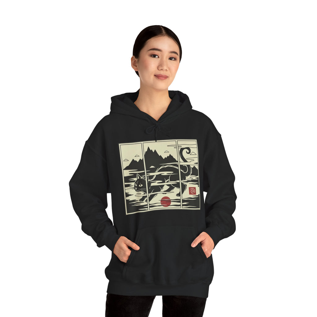 Ukiyo-e -Inspired Hoodie — Cat Mist, Mountains & Red Sun