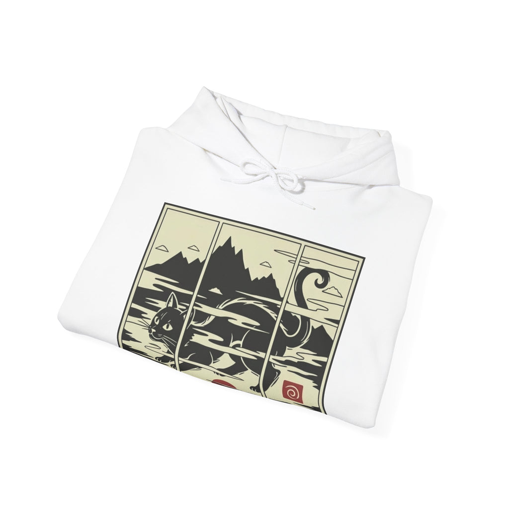 Ukiyo-e -Inspired Hoodie — Cat Mist, Mountains & Red Sun