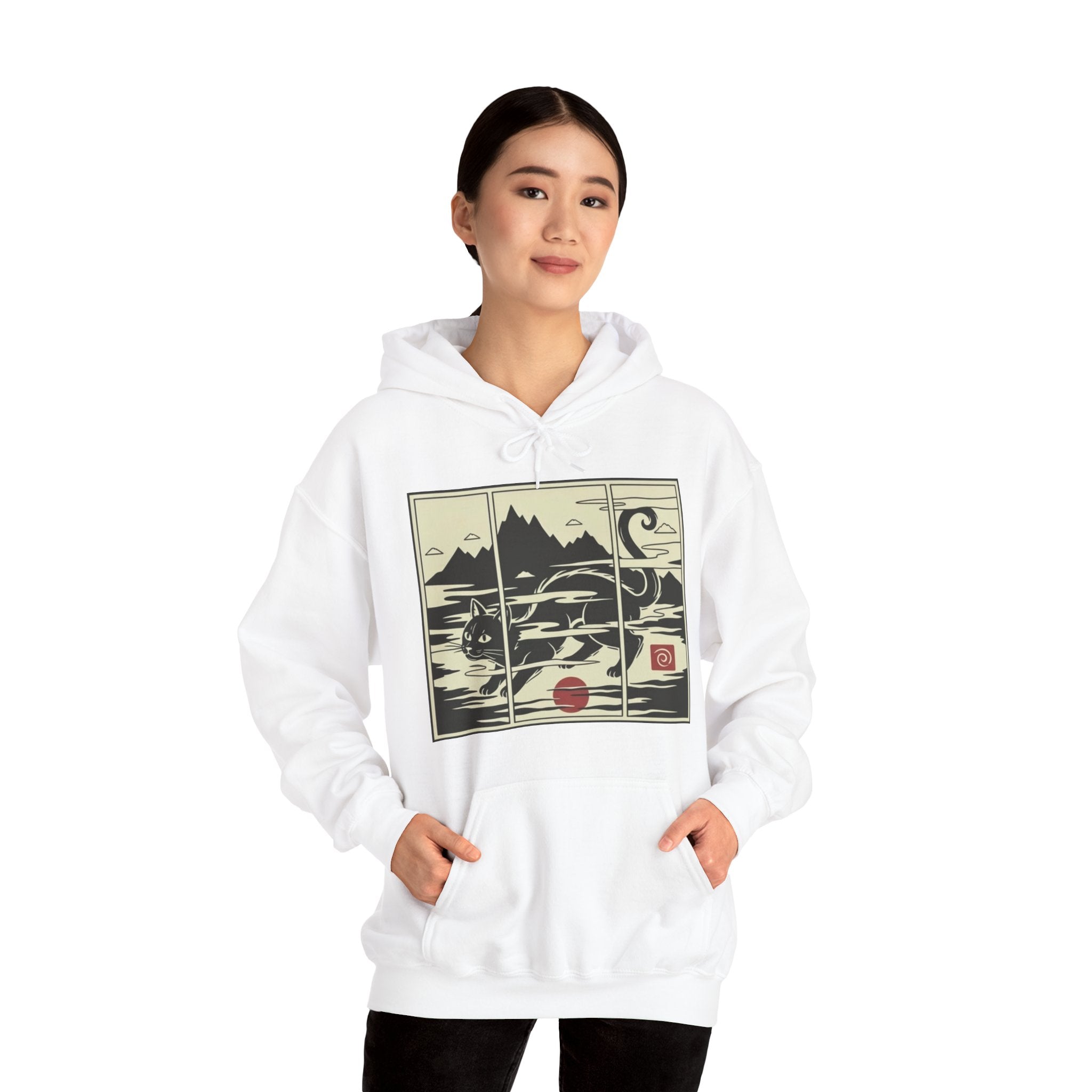 Ukiyo-e -Inspired Hoodie — Cat Mist, Mountains & Red Sun