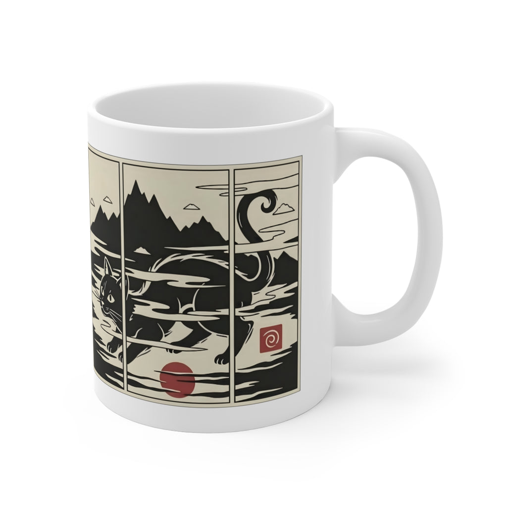 11oz Ceramic Mug — Ukiyo-e Inspired Black Cat Art