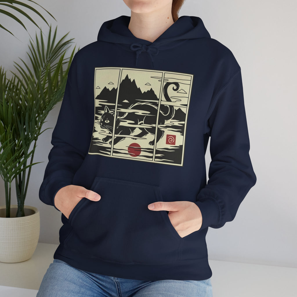 Ukiyo-e -Inspired Hoodie — Cat Mist, Mountains & Red Sun