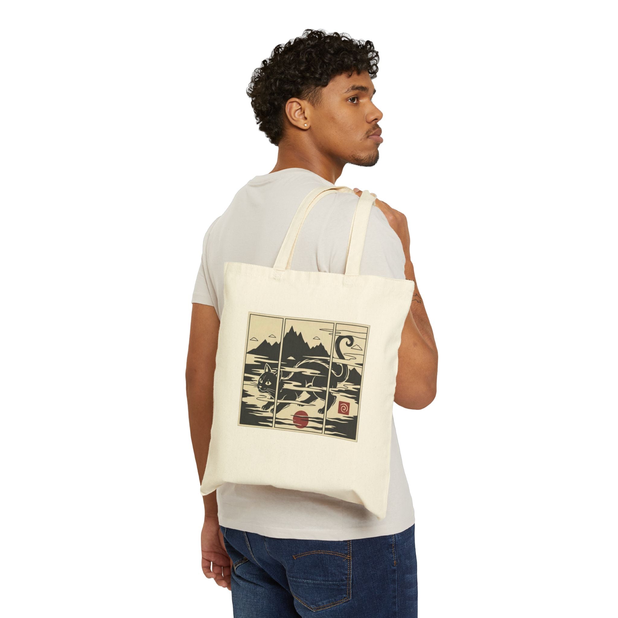 Canvas Tote Bag — Woodblock Style Mountain Mist Cat