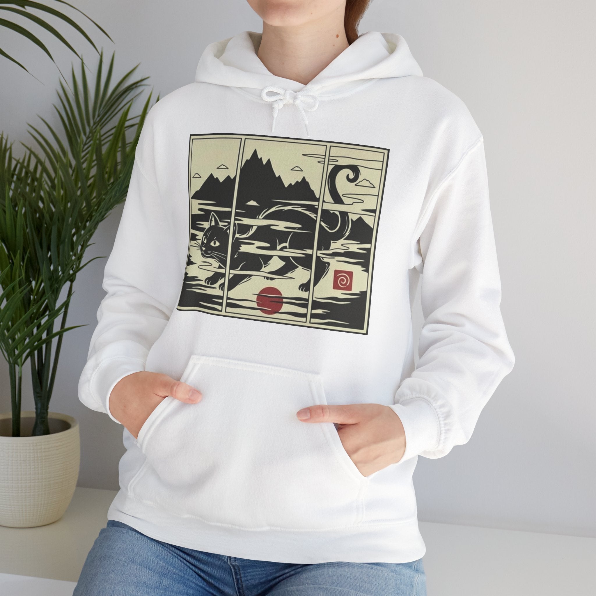 Ukiyo-e -Inspired Hoodie — Cat Mist, Mountains & Red Sun