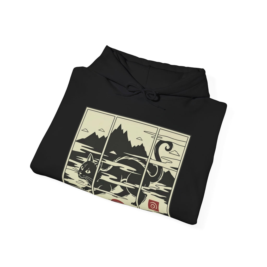 Ukiyo-e -Inspired Hoodie — Cat Mist, Mountains & Red Sun