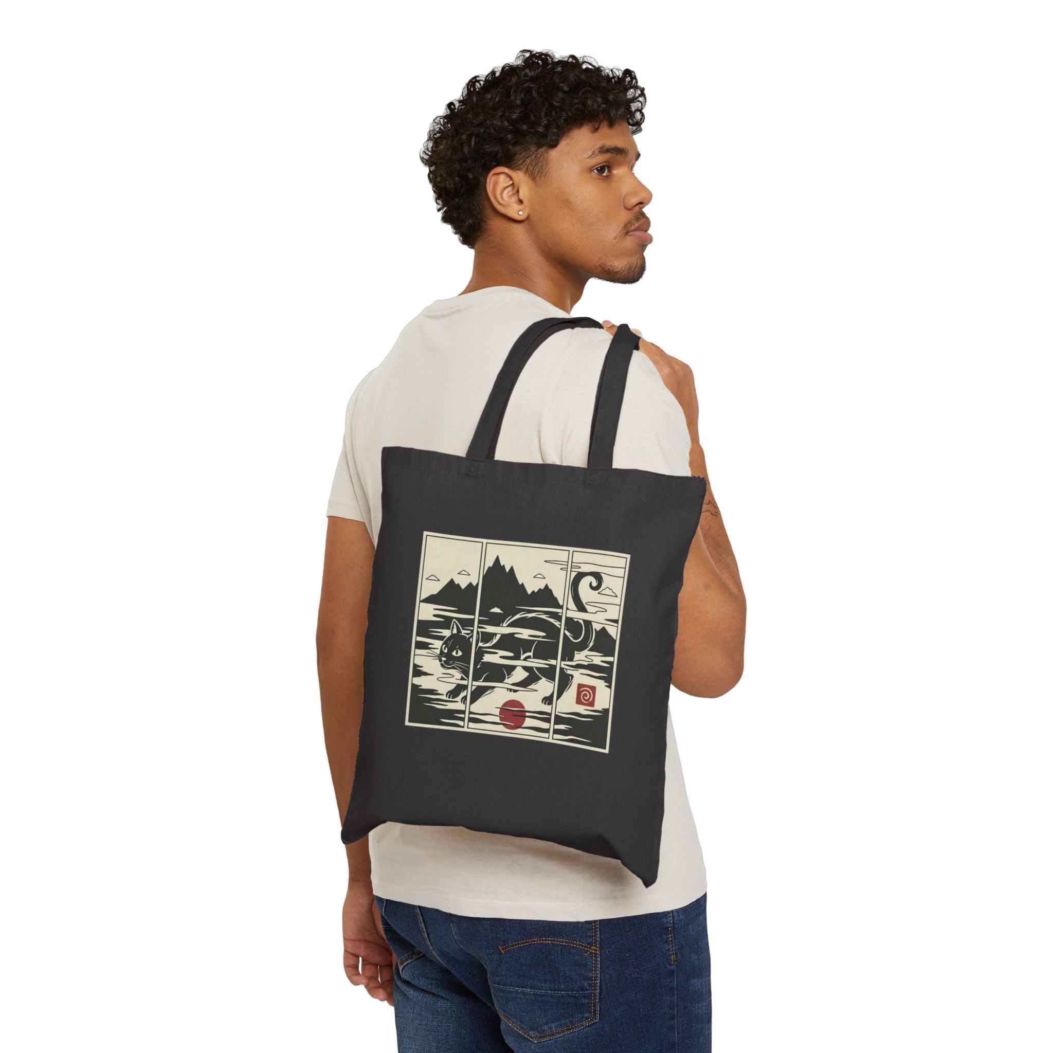 Canvas Tote Bag — Woodblock Style Mountain Mist Cat