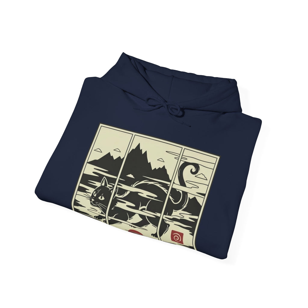 Ukiyo-e -Inspired Hoodie — Cat Mist, Mountains & Red Sun