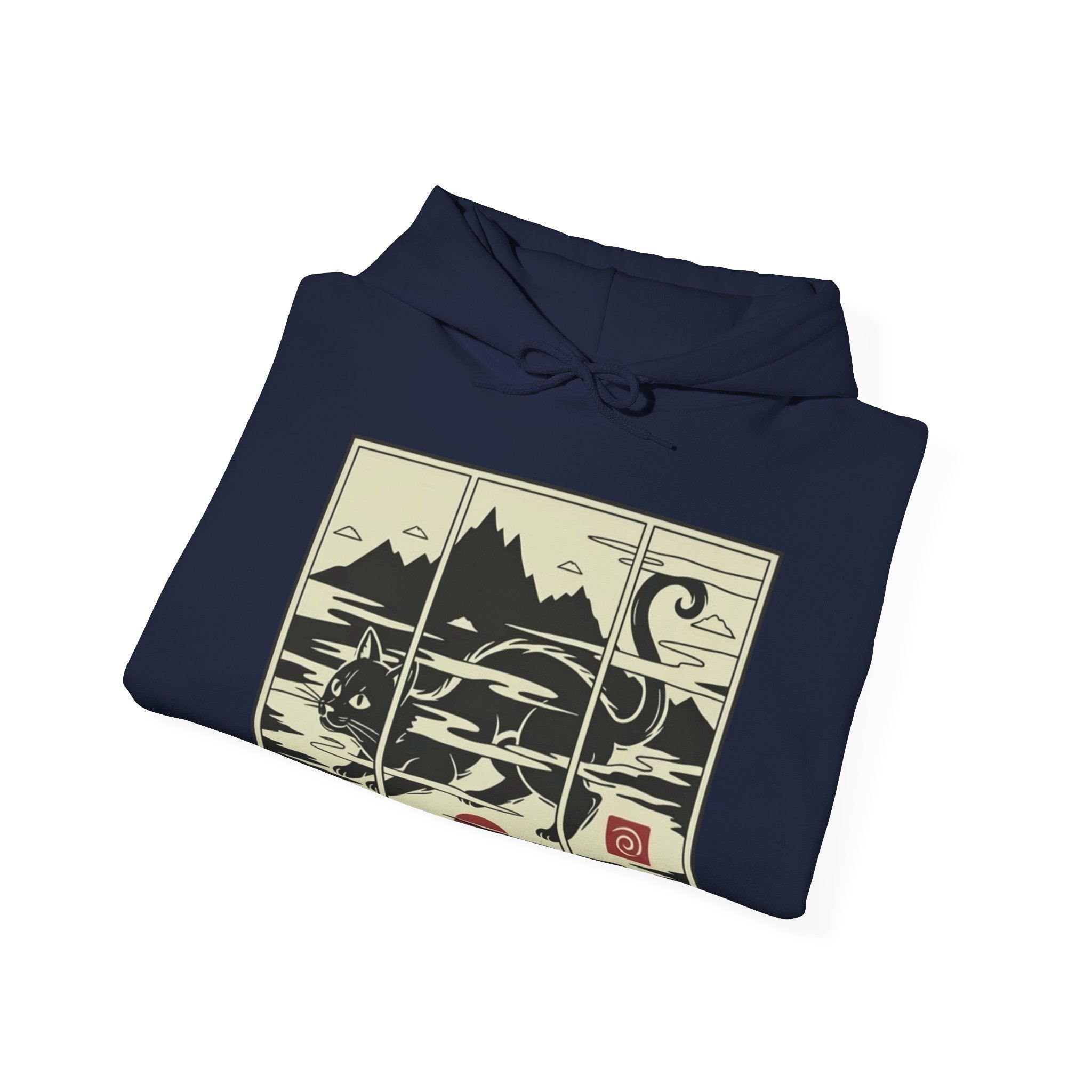 Ukiyo-e -Inspired Hoodie — Cat Mist, Mountains & Red Sun