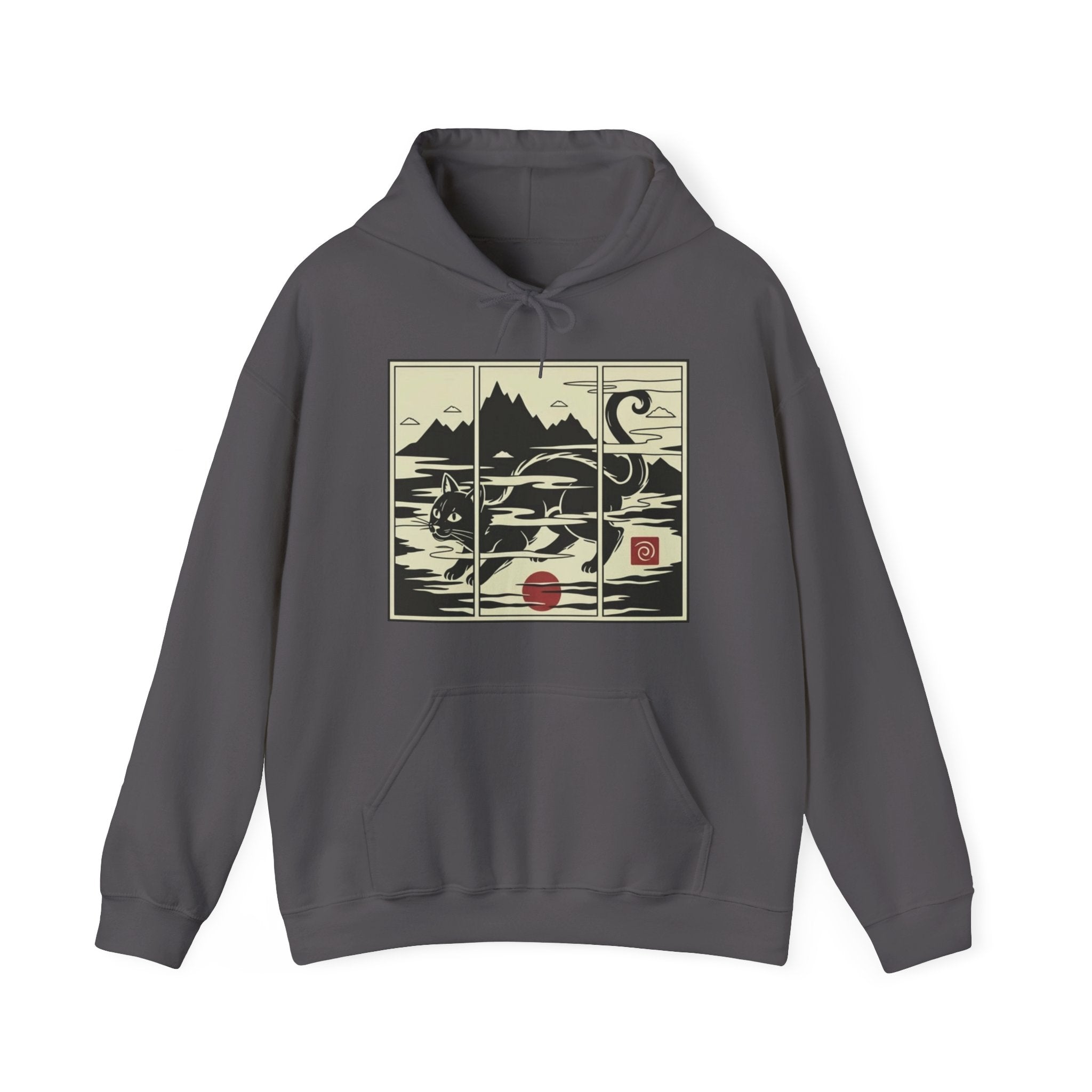 Ukiyo-e -Inspired Hoodie — Cat Mist, Mountains & Red Sun