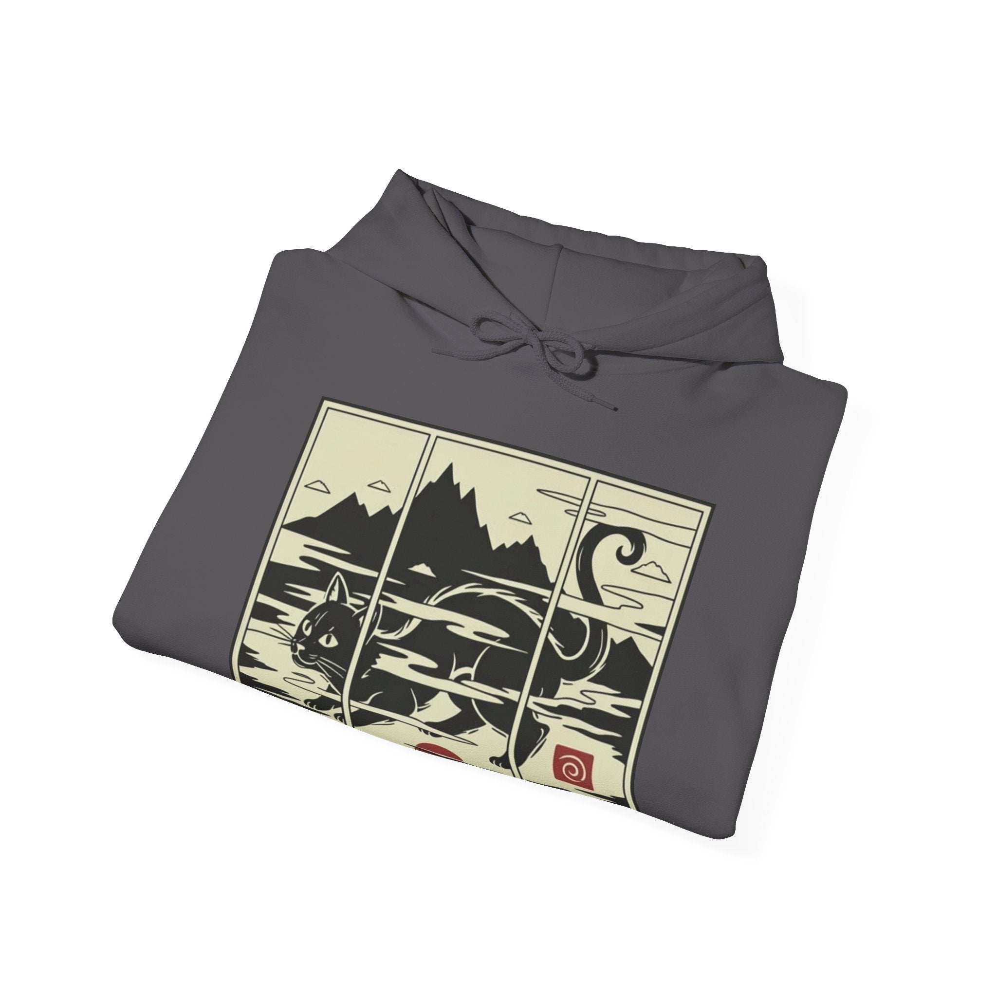Ukiyo-e -Inspired Hoodie — Cat Mist, Mountains & Red Sun