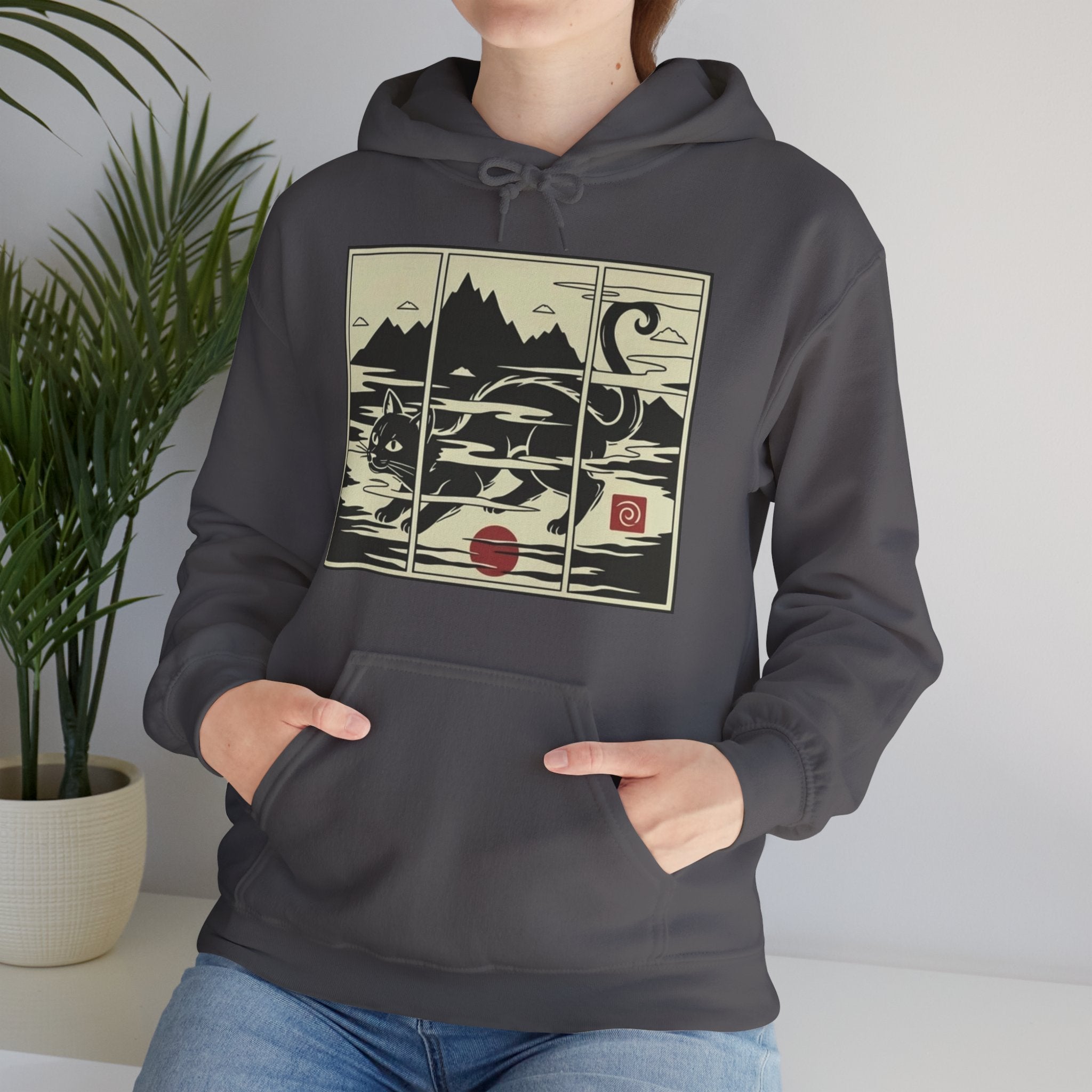 Ukiyo-e -Inspired Hoodie — Cat Mist, Mountains & Red Sun